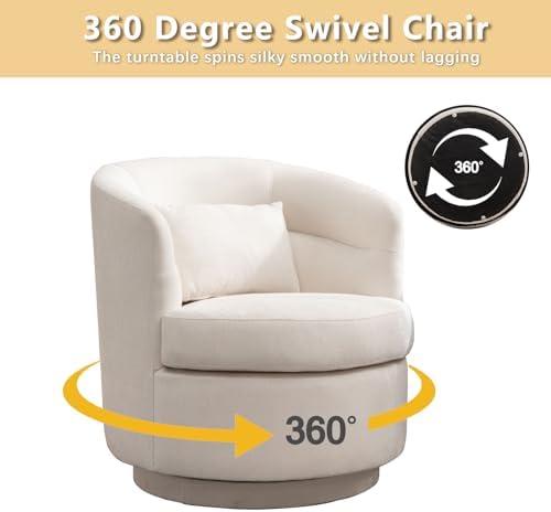 CANMOV Swivel Accent Chair, 360 Degree Round Swivel Barrel Chair with Pillow, Upholstered Comfy Barrel Armchair Single Club Sofa Chair for Living Room,Bedroom, Reading Room, Beige