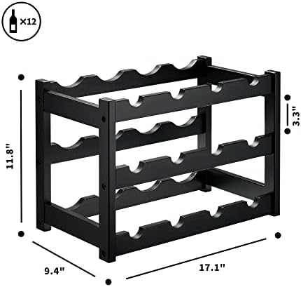 VASMIA Bamboo Wine Rack, Sturdy and Durable Wine Storage Cabinet Shelf, Wine Racks Countertop for Pantry,Kitchen,3-Tier 12 Bottles Wine Rack Black