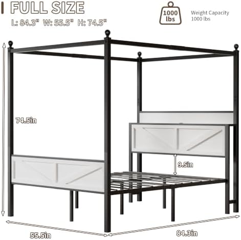 Canopy Bed Frame Full Size with Storage Headboard, White