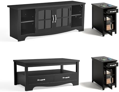 LINSY HOME Living Room Table Sets 4 Piece with TV Stand, Farmhouse TV Stand for 65 Inch TV, Coffee Table with Drawers, Two End Table with Charging Station, Black