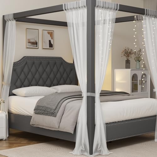 GarveeHome Upholstered Canopy Bed Queen Size with Button Tufted headboard