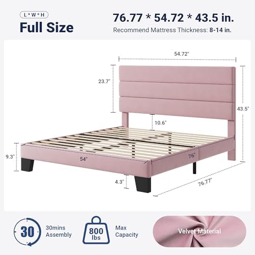 Allewie Full Size Platform Bed Frame with Velvet Upholstered Headboard Pink