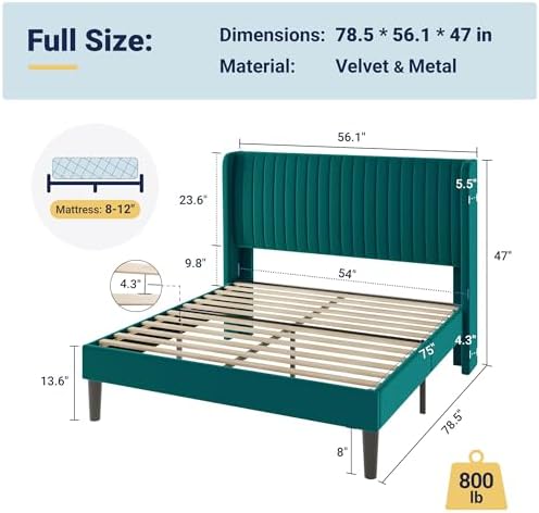 Allewie Full Size Bed Frame/Velvet Upholstered Platform Bed/Vertical Channel Tufted Wingback Headboard/Strong Wooden Slats/No Box Spring Needed/Easy Assembly/Teal