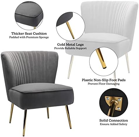 HULALA HOME Velvet Accent Chair, Modern Upholstered Cute Side Chair with Gold Metal Legs, Armless Wingback Slipper Chair Comfy Living Room Chair for Bedroom Guest Room Vanity,Grey