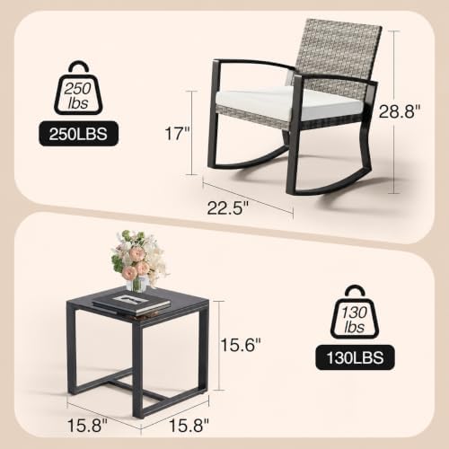 Qsun 3 Pieces Outdoor Patio Furniture Set Rocking Bistro Set, Outdoor Patio Furniture Set with Coffee Table for Garden Balcony Backyard Poolside (Light Grey Cushion)