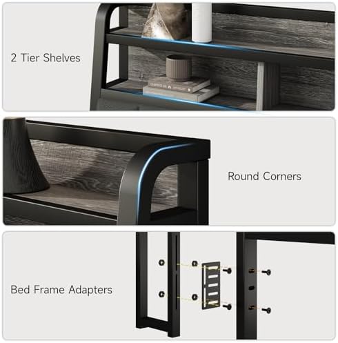 King Headboard Only with Storage, Charging Station, Black & Grey