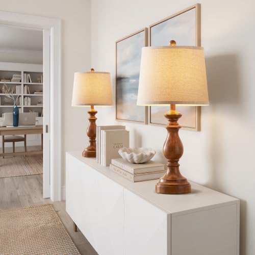 PARTPHONER Traditional Table Lamp Set of 2, Rustic Farmhouse Table Lamps for Living Room Bedroom, 27" Bedside Desk Lamps Vintage Nightstand Lamps with Linen Shades, Wood Grain