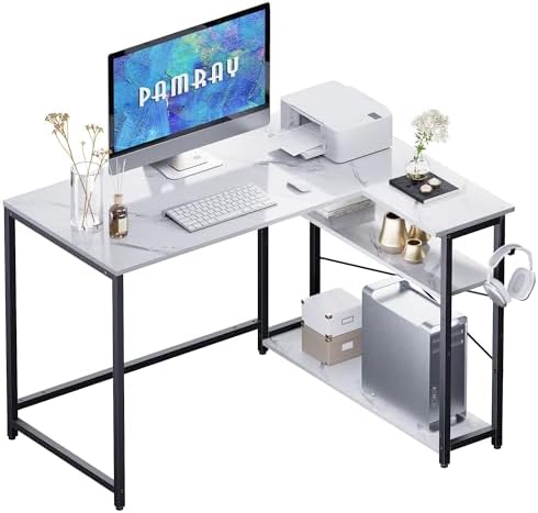Pamray 43 Inch L Shaped Computer Desk with Reversible Side Storage Shelves, Small Corner Desk for Small Space Home Office,Writing Study Table PC Desk for Bedroom,White Marble