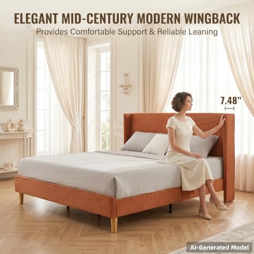 King Corduroy Upholstered Platform Bed with Headboard Wingback, Ocher