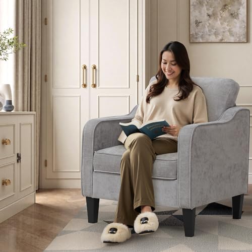 Accent Chairs Set of 2, Upholstered Living Room Chairs with Side Pockets, Mid Century Modern Reading Chair for Bedroom, Comfy Armchair Single Sofa Side Chair for Office, Small Room, Light Grey