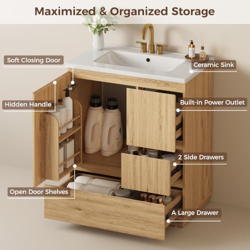 IRONCK 30-Inch Bathroom Vanity with Ceramic Sink, Modern (Natural Oak) | Power Outlet | Freestanding | Divided storage | Hiddle Handle | Soft-Close Hinges