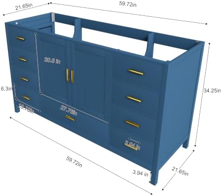 Montary 60" Modern Bathroom Vanity Base Cabinet, Solid Wood Construction | Soft-Close Double Doors & 9 Full-Extension Drawers(Basin & Top Not Included),Blue