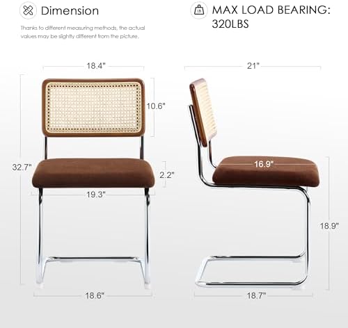 Zesthouse Rattan Dining Chairs Set of 2, Mid Century Modern Dining Room Chairs with Natural Cane Mesh & Chrome Base, Brown Cesca Chair for Kitchen, Breuer Design Inspired, Upholstered Chenille Fabric