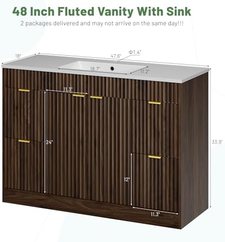 CARPETNAL 48 Inch Bathroom Vanity with Sink, Walnut. | Modern Fluted Bathroom Vanity with Sink with Storage Cabinet, Adjustable Shelf and 2 Soft Closing Doors & 4 Drawers.