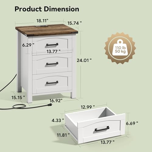 Decofy Farmhouse Nightstand Set of 2 with Charging Station, 3 Drawers