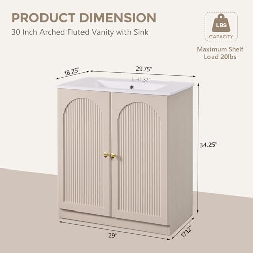 IFBUY 30 Inch Arched Bathroom Vanity with Sink, Modern Fluted Design, Cream | Bathroom Vanity Cabinet w/Adjustable Storage Shelf, Freestanding Single Bathroom Vanity w/Ceramic Basin, Space-Saving