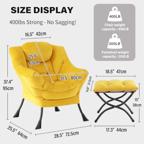 Tiita Lazy Chair with Ottoman, Comfy Reading Accent Chair, Velvet Yellow