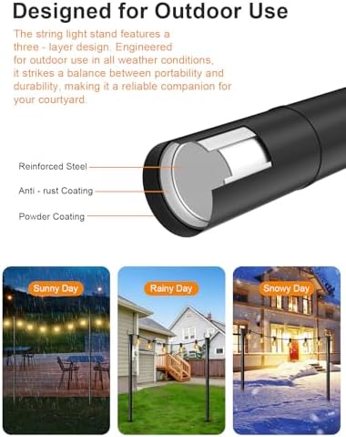 6 Pack String Light Poles for Outside, Adjustable Metal Patio Light Poles
