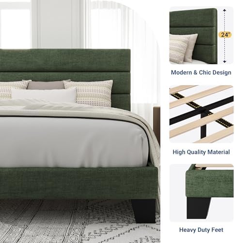 Allewie Full Size Platform Bed Frame with Fabric Upholstered Headboard and Wooden Slats Support, Fully Upholstered Mattress Foundation/No Box Spring Needed/Easy Assembly, Green