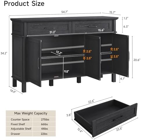 ONBRILL 55 Inch Buffet Cabinet with Storage, Black