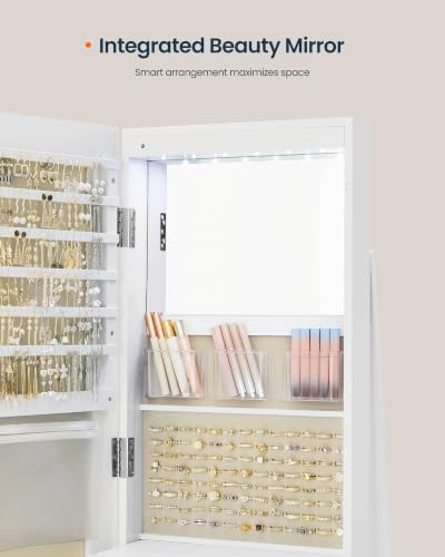 SONGMICS HOME Standing Jewelry Armoire, Full Length Mirror with Storage | Lockable Jewelry Cabinet with 6 LED Lights, Floor Mirror, Built-in Vanity, White Surface, Black Lining UJJC007W02SH