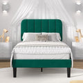 VECELO Twin Size Bed Frame with Upholstered Headboard, Velvet Platform Bedframe Mattress Foundation, Strong Wood Slat Support, No Box Spring Needed,Green