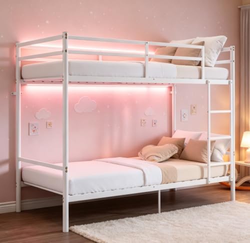 Bellemave Twin Over Twin Bunk Beds, Metal Bunk Bed Frame with Ladder and Full-Length Guardrail for Kids, Adults, White