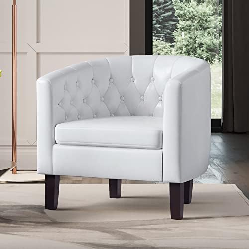 BELLEZE White Accent Chairs for Living Room, Elegant Arm Chair Upholstered Tufted Barrel Chair Club Chair for Bedroom with Sturdy Legs and Faux Leather - Berlinda (White)