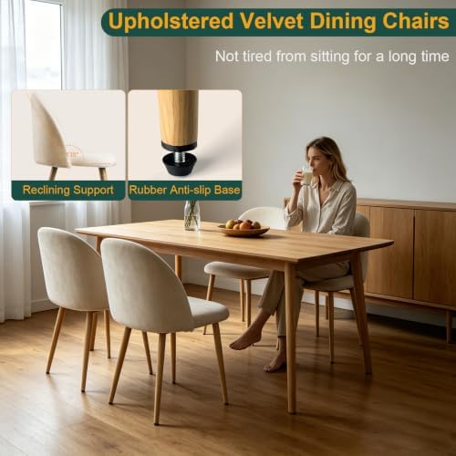 Big Dining Room Chairs Set of 2, Velvet Upholstered Modern Kitchen Chairs Side Chairs with Metal Legs & Comfortable Cushion, Stylish Accent Chairs for Living Room, Apartment, Home Bar, Beige