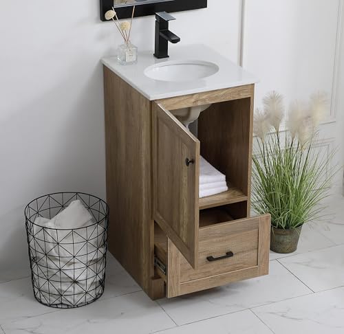 18" Pre-Assembled Bathroom Vanity with Sink, Engineered Wood, Ivory White Engineered Marble Countertop Attached, Single Oval Porcelain Sink, 1 Soft-Close Drawers, Natural Oak