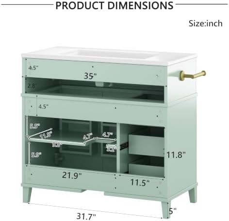 YOPTO 36" Bathroom Vanity with Sink, Freestanding Bathroom Cabinet | Ceramic Top & Backsplash, 3 Storage Drawers, 1 Tilt-Out Storage, Adjustable Shelving, Door Storage and Towel Bar, Sage Green