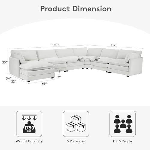 ROWHY 150'' Modular Sectional Corner Cloud Couch, 7 Seater Sofa Big Comfy Corduroy V Shaped Couch with 4 Throw Pillows, Movable Ottoman, Couches for Living Room Office Light Grey