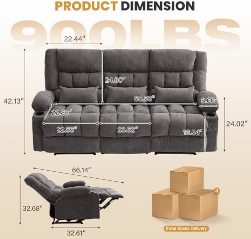 BOSMILLER Recliner 3-Seat Sofa with Cup Holders for Living Room, Manual Sofa Recliner with Side Pocket