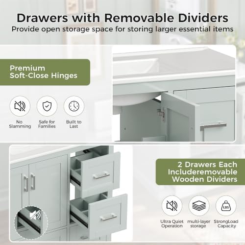 LUMISOL 42 Inch Bathroom Vanity with Ceramic Sink, Modern Freestanding Bathroom Cabinet with 4 Drawers, 2 Soft-Close Doors, Door Racks, Towel Rack, Solid Wood Frame, Mint Green