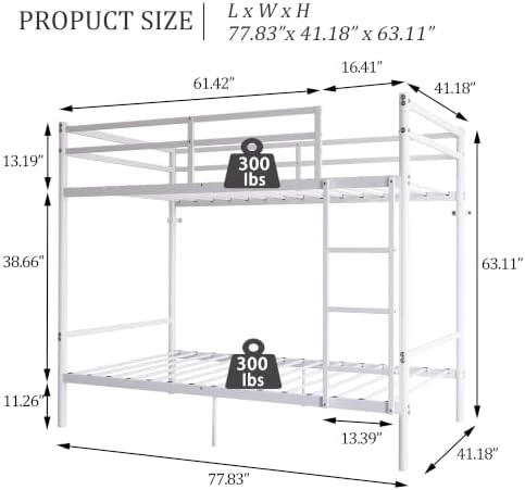 Bellemave Twin Over Twin Bunk Beds, Metal Bunk Bed Frame with Ladder and Guardrail for Kids, Adults, White