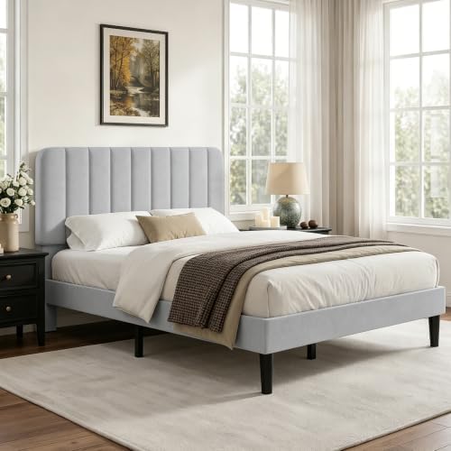 VECELO Full Size Bed Frame with Upholstered Headboard, Velvet Platform Bedframe Mattress Foundation, Strong Wood Slat Support, No Box Spring Needed,Light Grey