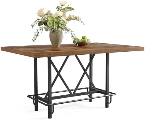 LITTLE TREE 63-Inch Industrial Bar Table with Metal Footrest, Counter Height Pub Table for Kitchen, Home Bar & Entertaining (Brown)