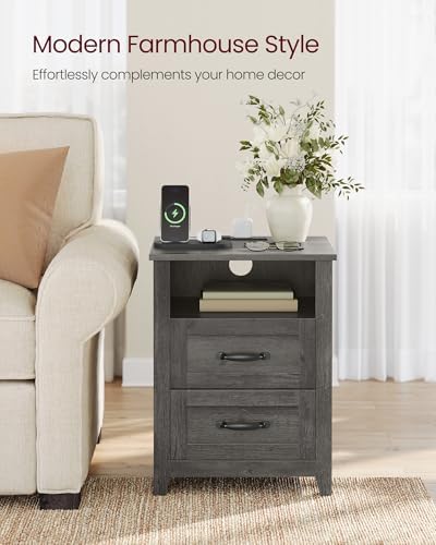 VASAGLE Farmhouse Nightstand with Charging Station, 2 Drawers