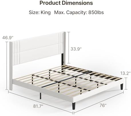Gizoon King Bed Frame with Wingback Headboard, Upholstered Platform Bed