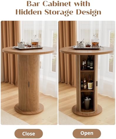 Bar Table with Storage and Sliding Door, 39.4” H 31.5” W Small Round Kitchen Table, Home Bar High Top Cocktail Table for Kitchen, Coffee Bar, Living Room, Walnut