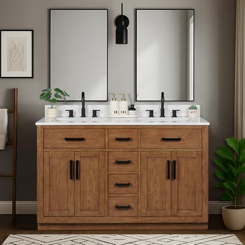 54-inch Dark Walnut Bathroom Vanity with 2 Sinks, Solid Wood, 0.79-inch Stone Countertop and Backsplash, 6 Drawers, 4 Soft Closing Doors