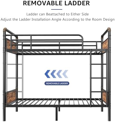Jocoevol Metal Bunk Bed Twin Over Twin, Industrial Bunkbeds Heavy Duty Bed with Safety Guard Rails and Space-Saving Design, Steel Bed for School, Bedroom (Vintage Brown)
