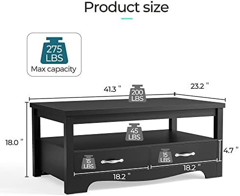 LINSY HOME Living Room Table Sets 4 Piece with TV Stand, Farmhouse TV Stand for 65 Inch TV, Coffee Table with Drawers, Two End Table with Charging Station, Black