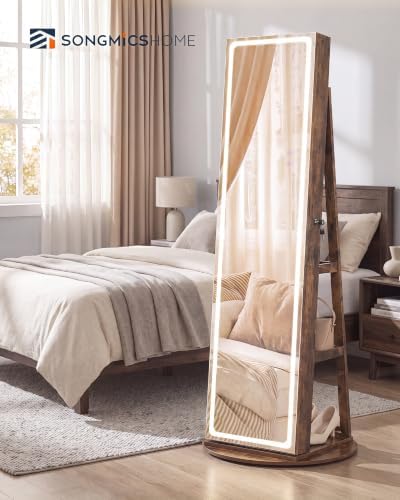 SONGMICS HOME LED Standing Jewelry Armoire, Vanity Mirror with Storage | Full Length Mirror with Lights, Lockable Large Jewelry Box, Space-Saving Jewelry Organizer, Rustic Brown UJJC008X01SH