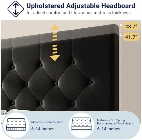 Allewie Full Size Storage Bed Frame with 4 Underbed Drawers, Upholstered Platform Bed with Adjustable Headboard, Diamond Button Tufted, Easy Assembly, Noise-Free, No Box Spring Needed, Soft Black