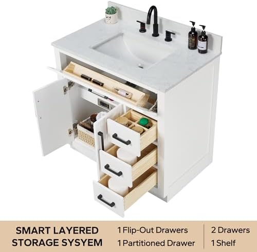 36-inch White Bathroom Vanity with Sink, Solid Wood, 0.79-inch Stone Countertop and Backsplash, 4 Drawers, 2 Soft Closing Doors