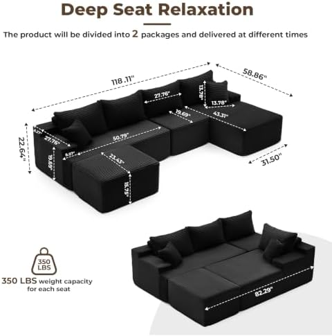 Mangodan Cloud Sectional Couch, Boneless Couches for Living Room, Black