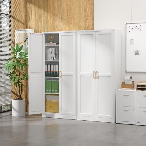 Steeloong 71"Metal Pantry Storage Cabinet with Doors & 4 Adjustable Shelves | Kitchen Pantry Cabinet,White Kitchen Cabinet with 2 Gold Handles,Tall Cabinet for Livingroom,Pantry, Bathroom,Kitchen