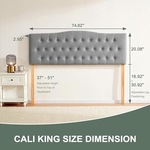 Tufted Headboard California King Size, Sturdy Solid Wood Head Board, Gray