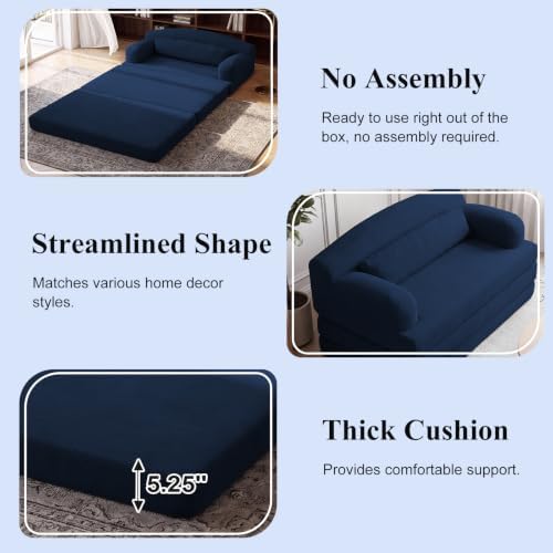 57” Convertible Sleeper Sofa Bed, Boneless Couch, Blue